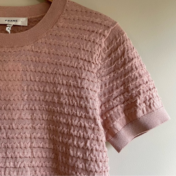 Frame Denim Women's Smocked Silk Blend Sweater / Short Sleeve Top Pink Peony - Picture 6 of 10